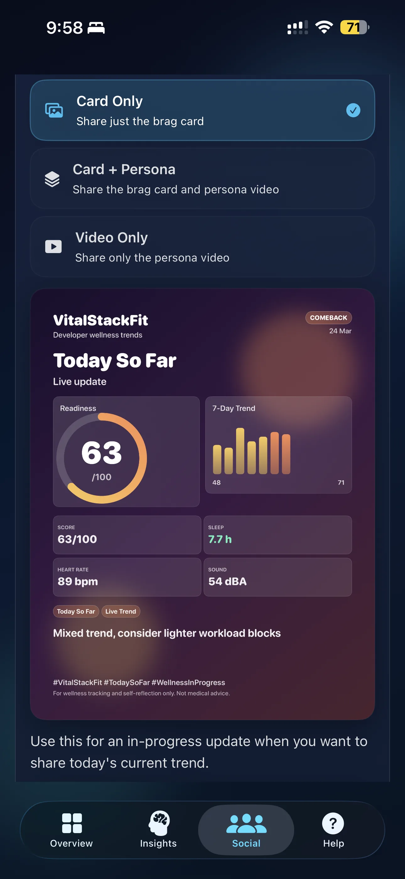 VitalStackFit brag card preview showing a premium weekly share card design