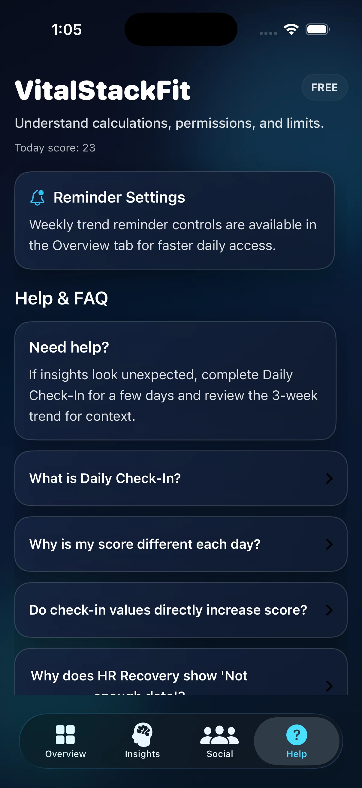 VitalStackFit help and FAQ screen with reminder settings and common questions