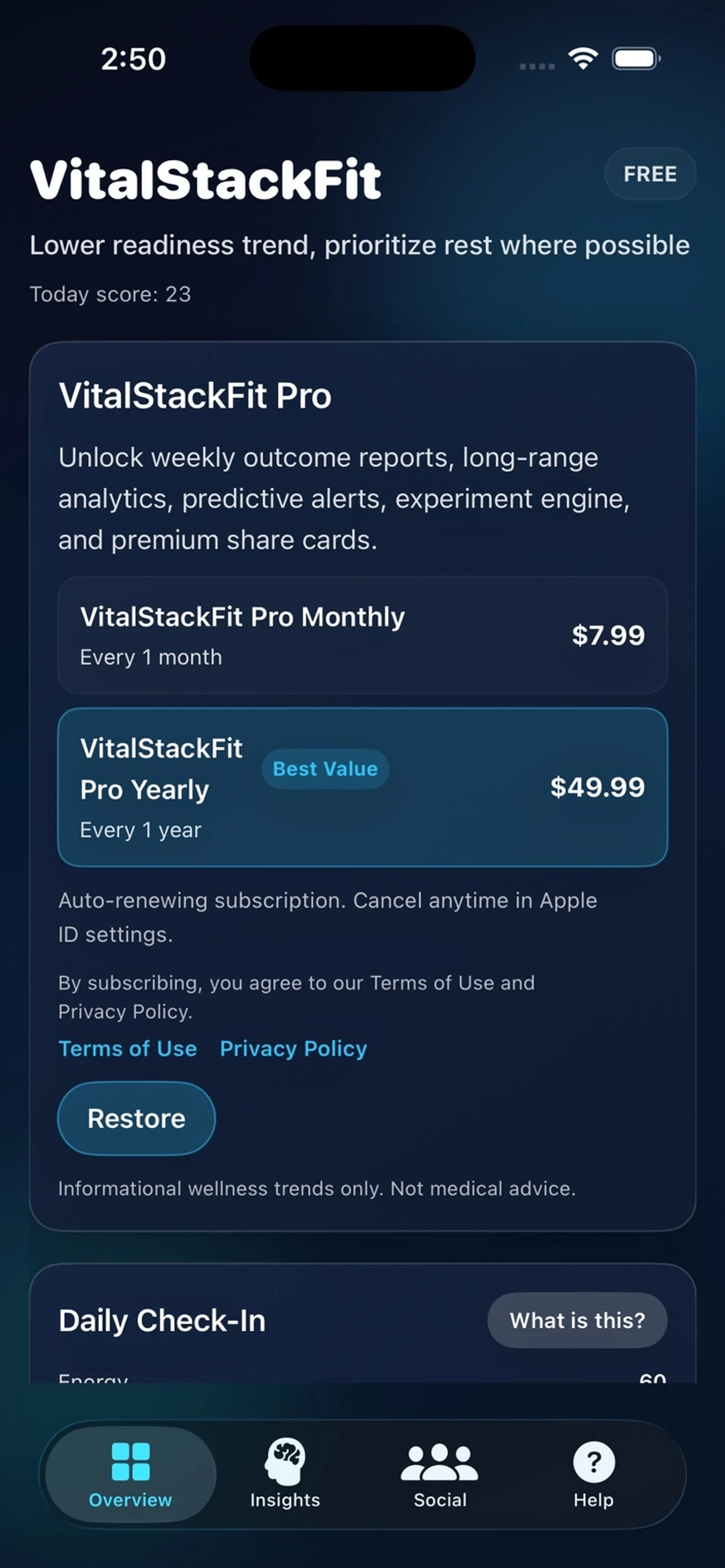 VitalStackFit overview tab showing Pro plans and daily check-in